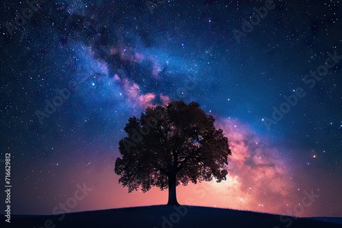 A lone tree in the space, milky way is the background