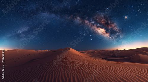The Milky Way in the night sky over desert dunes 