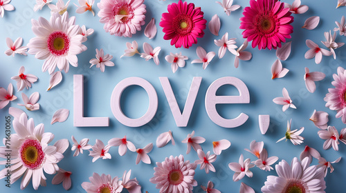 Minimalistic daisy petals arranged around the word "Love," Valentine's Day, Flat lay, top view, with copy space
