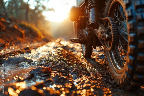 Racing motorcycle on a muddy road in the forest at sunset. Motocross. Enduro. Extreme sport concept. photo