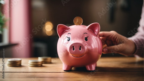 Smiles and Savings: A Cheerful Encounter with a Pink Piggy Bank on a Wooden Table.