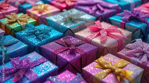 Festive Kaleidoscope of Gift Boxes: Colorful Array with Glitter and Bows - Valentine's Day Concept