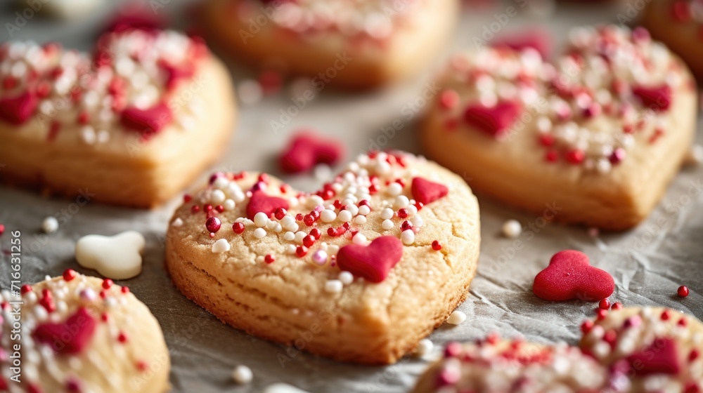 Sweet Valentine's Heart Cookies: Red Icing and Themed Sprinkles on Parchment - Valentine's Day Concept Sweet Valentine's Heart Cookies: Red Icing and Themed Sprinkles on Parchment - Valentine's Day Concept