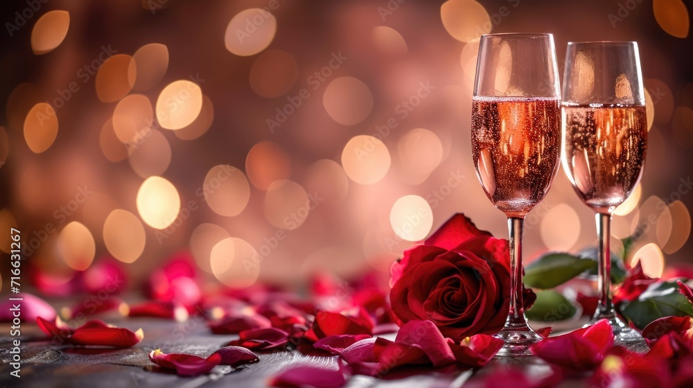 Intimate Rosé Wine Evening: Elegant Glasses with Rose Petals and Soft Bokeh - Valentine's Day Concept Intimate Rosé Wine Evening: Elegant Glasses with Rose Petals and Soft Bokeh - Valentine's Day Concept