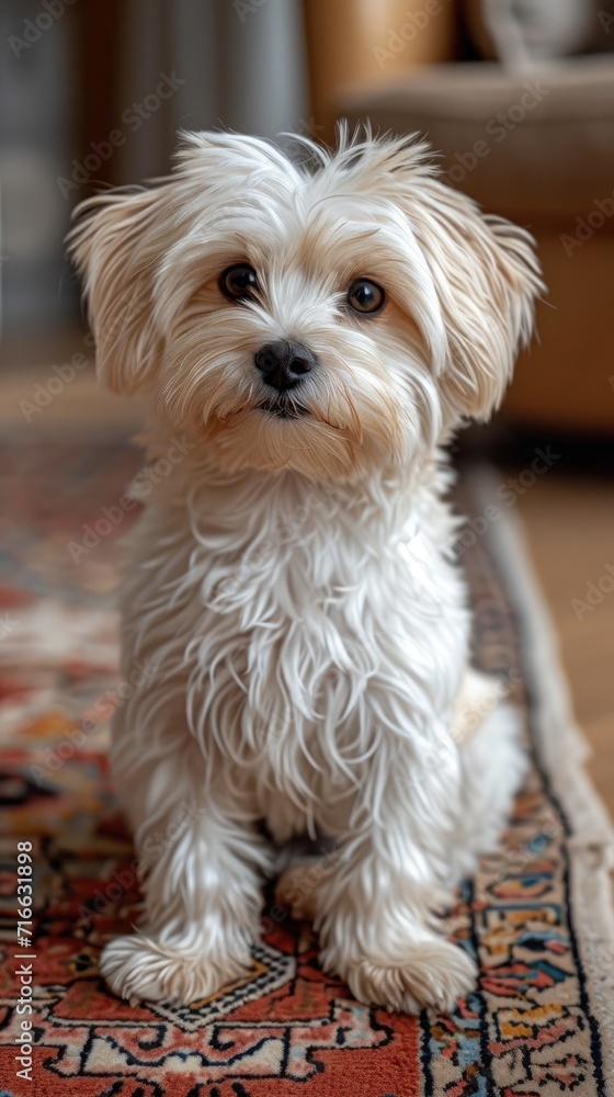 A small, fluffy yorkipoo sits regally on a colorful rug, exuding a sense of comfort and companionship in its toy dog form A small, fluffy yorkipoo sits regally on a colorful rug, exuding a sense of comfort and companionship in its toy dog form