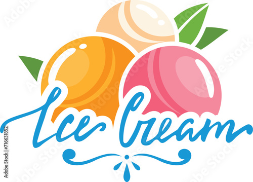 Colorful ice cream logo with three scoops and leaves. Summer dessert emblem with script lettering. Sweet and refreshing treat vector illustration.