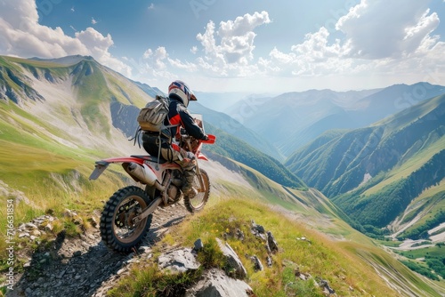 Motorcyclist riding on the trail in the mountains. Extreme sport. Motocross. Enduro. Extreme sport concept.