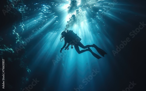 A fearless aquanaut explores the vibrant depths of the ocean, equipped with their trusty scuba gear and guided by their divemaster, reveling in the beauty and serenity of underwater diving