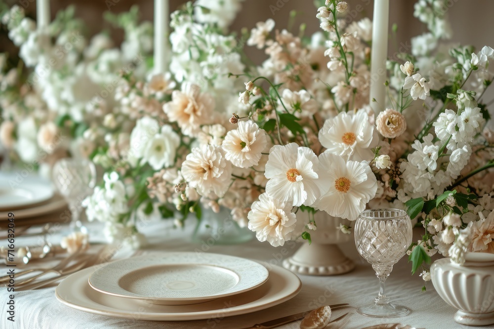 An elegant tablescape adorned with a vibrant floral centerpiece and delicate porcelain dishes, creating a romantic and timeless ambiance for a special occasion An elegant tablescape adorned with a vibrant floral centerpiece and delicate porcelain dishes, creating a romantic and timeless ambiance for a special occasion