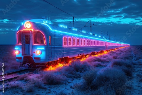 A luminous locomotive glides through the darkened landscape, its tracks humming with the energy of transportation and the promise of adventure