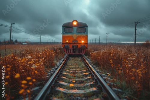 As the train rolled along the railroad tracks, the sky was filled with fluffy clouds and the lush green grass swayed in the breeze, creating a peaceful outdoor scene for the passengers traveling on t