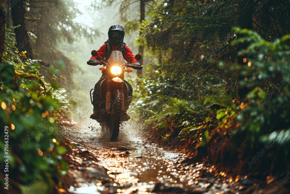 Motorcyclist riding on a dirt road in the rain forest. Motocross. Enduro. Extreme sport concept. - obrazy, fototapety, plakaty 