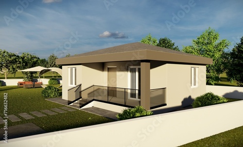 3D Render of concrete village House with vast garden. Porch entrance with glass railing. Garden furniture set, swing. Landscape design in the garden and mountainous landscape in the background. © ayse