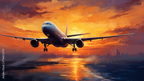 airplane against the sunset sky  flight  oil painting impressionism.