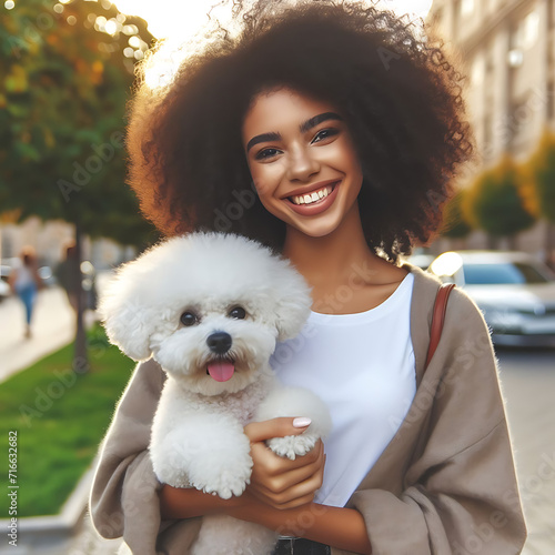 Traveling Companionship: Happy Young Woman Holding Bichon Frise Dog by Tourist Bus