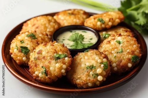 Tasty sabudana vada a north indian street food with chutney crunchy fried snack made from tapioca pearls perfect for a delightful treat, gudi padwa sweets and cuisine image photo
