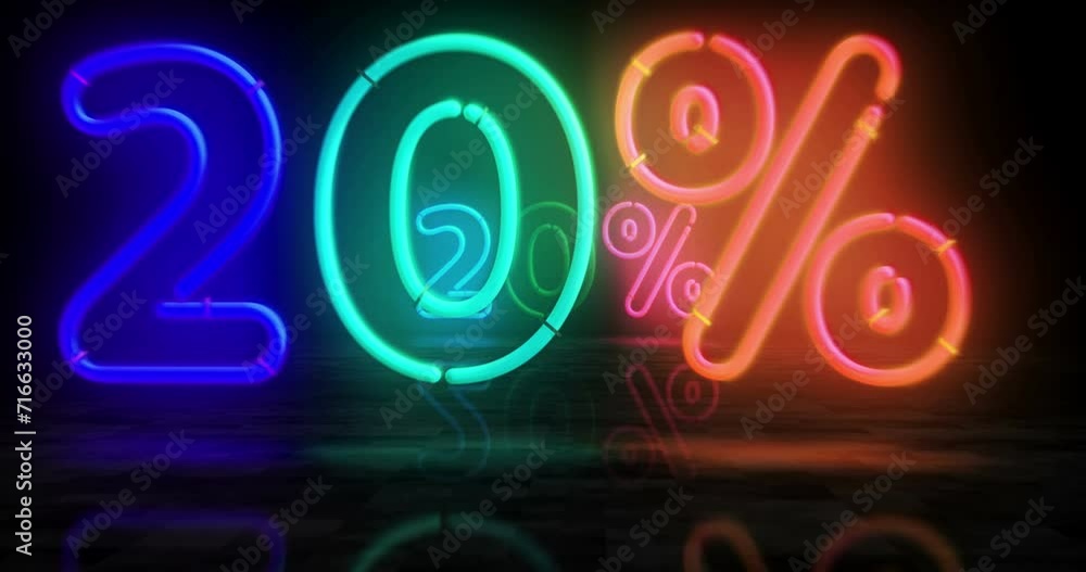 20% neon symbol. Light color bulbs. 20 percent off sale and discount promotion retail abstract seamless and loopable concept. 3d flying through the tunnel animation. 20% neon symbol. Light color bulbs. 20 percent off sale and discount promotion retail abstract seamless and loopable concept. 3d flying through the tunnel animation.