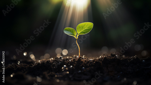 green young tree sprout on a blue blurred background idea business startup investment success