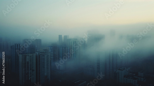 A city during a foggy morning with buildings partially obscured by mist.