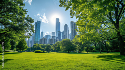 A city park landscape within an urban environment with skyscrapers in the background.