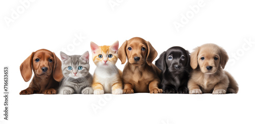 Cute pets domestic animals, puppies and kittens in a row isolated on white transparent, PNG photo