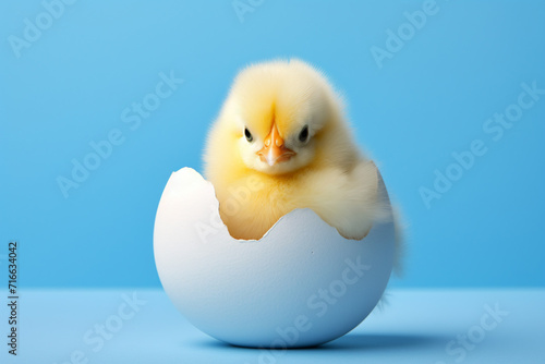cute yellow chick in a white egg shell on a pastel blue background for Easter