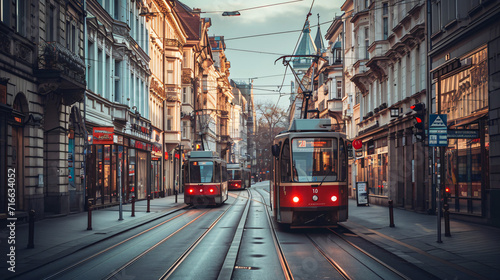 A city street with historic trams and old buildings evoking a sense of nostalgia. photo