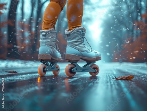 A daring skater glides gracefully through the rain-soaked streets, their white boots and trusty skateboard propelling them forward in a thrilling display of athletic prowess