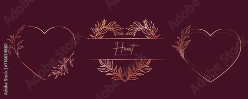 Hand drawn gold floral heart wreath and leaves. Flower botanical frame for monogram, wedding logo, invitation, postcard, and more. Vintage ornament vector illustration isolated on white background.