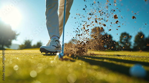 A close-up of a golfer taking a swing on a sunny day.
