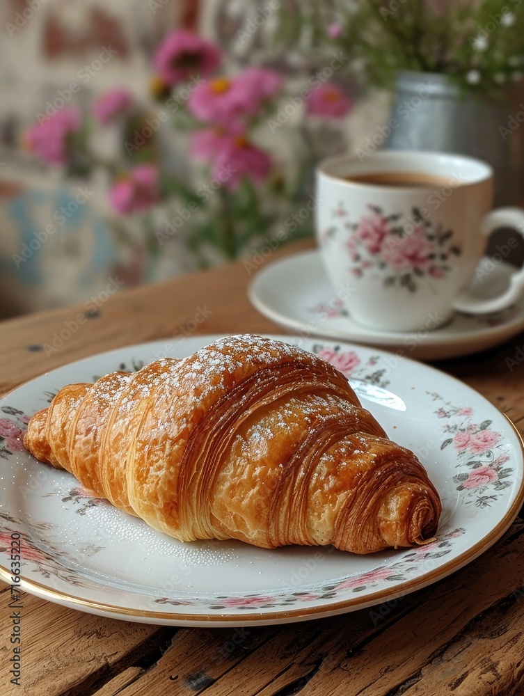 A deliciously flaky croissant and a steaming cup of coffee sit elegantly on a porcelain plate and saucer, evoking feelings of indulgence and comfort in this cozy indoor setting A deliciously flaky croissant and a steaming cup of coffee sit elegantly on a porcelain plate and saucer, evoking feelings of indulgence and comfort in this cozy indoor setting