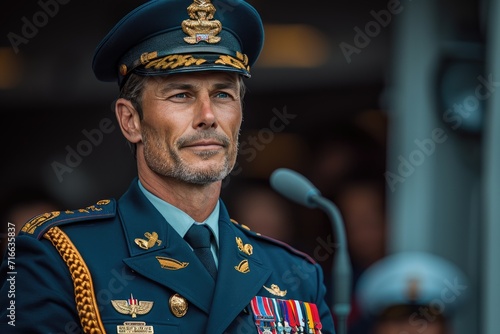 A stern naval officer, donning a crisp military uniform and a peaked cap, exudes authority and commands respect as he stands proudly in front of a government agency, embodying the strength and dedica