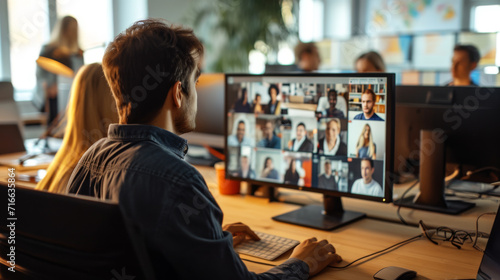 A person is attending a virtual meeting with multiple participants displayed on a large monitor in an office setting.