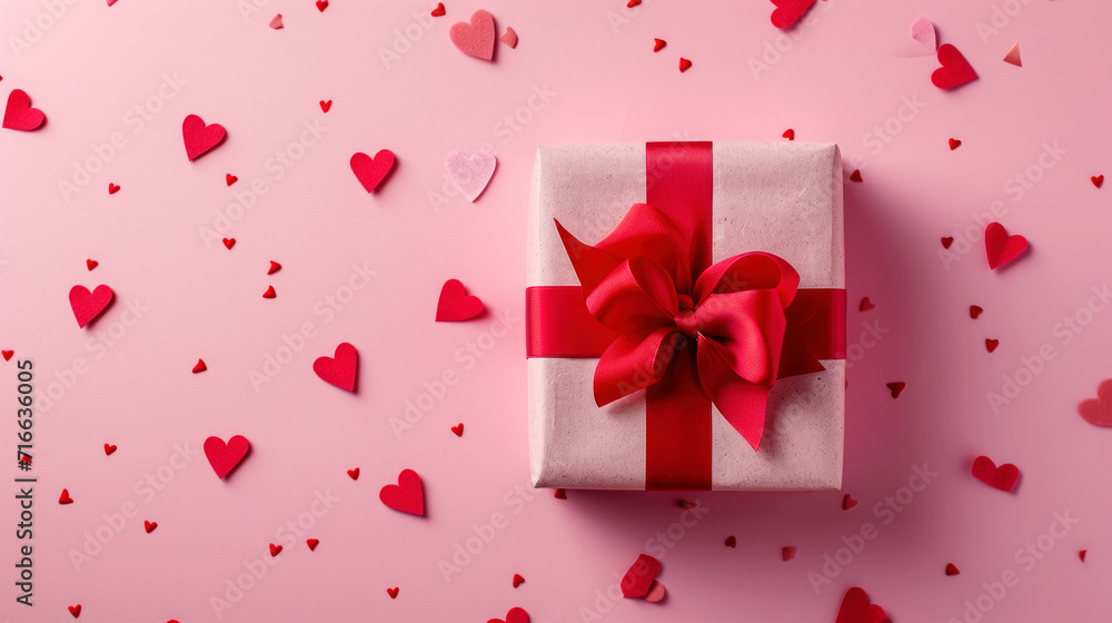 Top view of aesthetic gift in craft box with ribbon. Pink hearts confetti background. Greeting concept. Generative AI Top view of aesthetic gift in craft box with ribbon. Pink hearts confetti background. Greeting concept. Generative AI