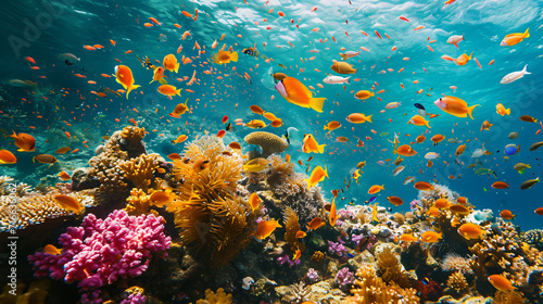 A coral reef underwater scene teeming with colorful fish and coral. © Thomas