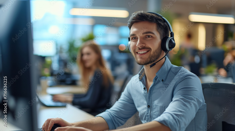 Cheerful young man wearing a headset and working at a computer, in a customer service or call center environment. - obrazy, fototapety, plakaty 