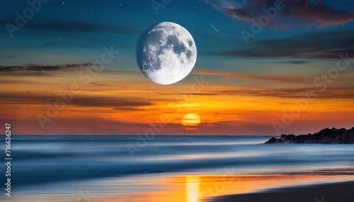 Abstract background of amazing crescent moon over the sea at sunset