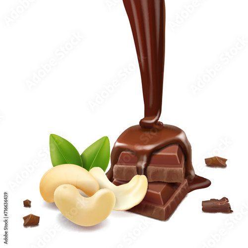 Cashew nuts and liquid pouring chocolate. Nuts and chocolate bar pieces 3d realistic vector
