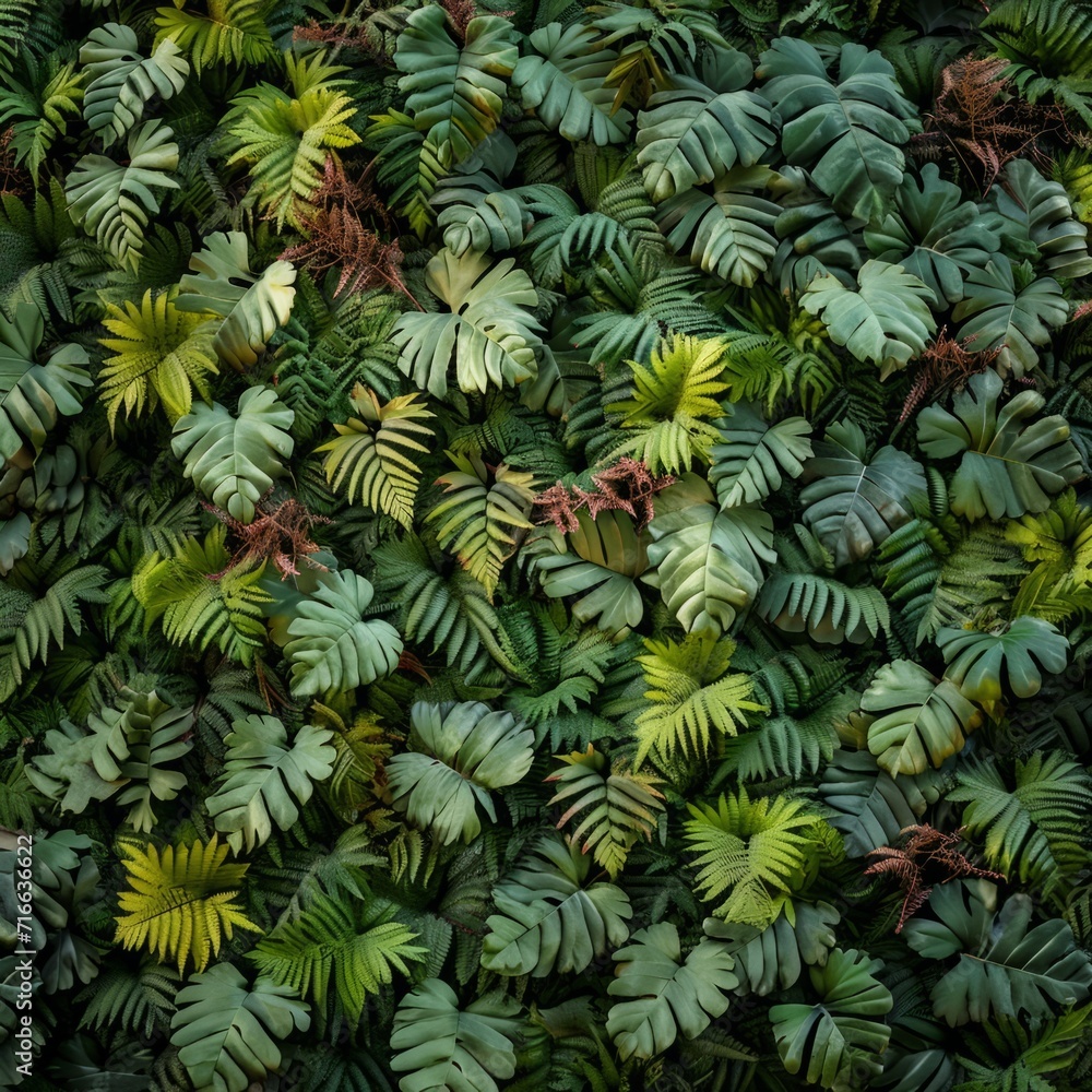 Lush Tropical Foliage Pattern with a Variety of Green Leaves Lush Tropical Foliage Pattern with a Variety of Green Leaves