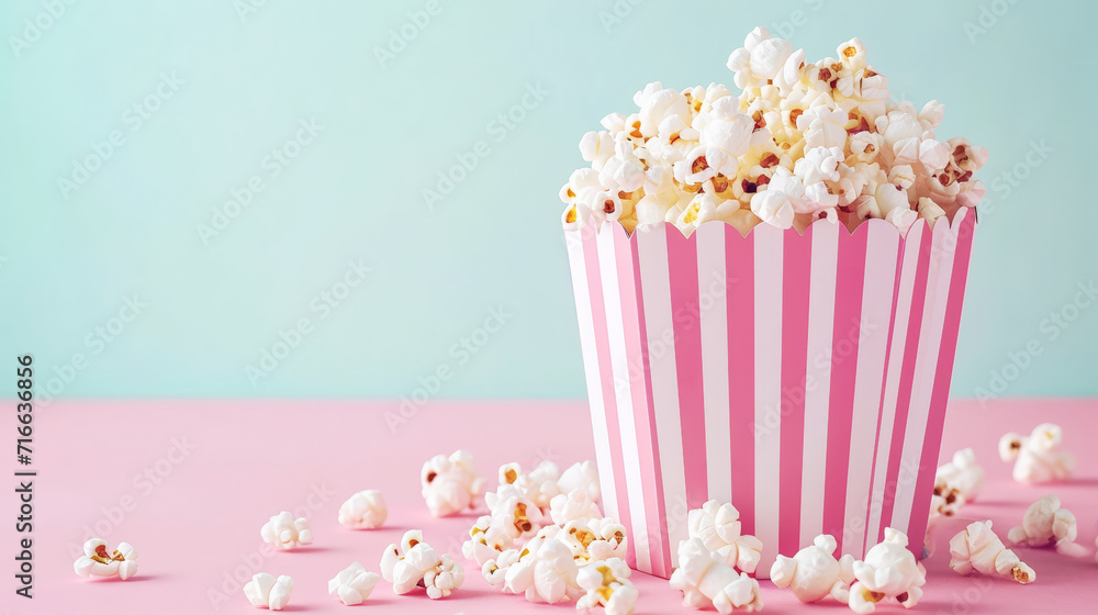 Delicious popcorn scattering from pink striped cardboard box on pastel light background. Copy space. Generative AI