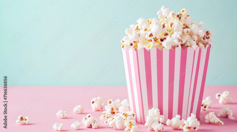 Delicious popcorn scattering from pink striped cardboard box on pastel light background. Copy space. Generative AI Delicious popcorn scattering from pink striped cardboard box on pastel light background. Copy space. Generative AI