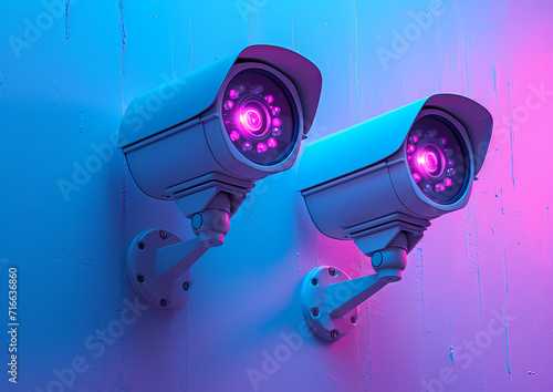 Amidst the light of the purple hue, two watchful security cameras keep a vigilant eye on the wall, CCTV photo