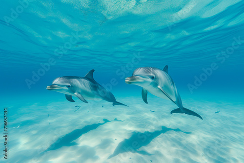 Deux dauphins nageant côte à côte dans une mer claire turquoise et peu profonde au-dessus d'une surface sablonneuse photo