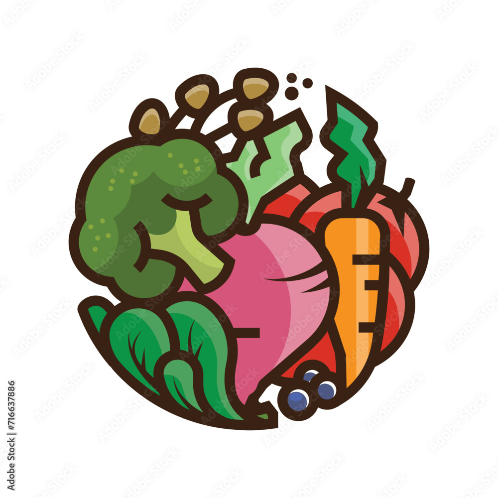 Naklejka premium Colorful vegetables illustration thick lines round icon