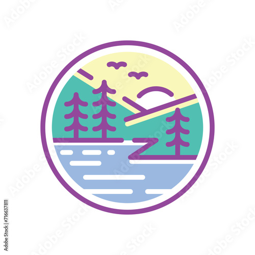 Simple icon illustration of mountain lake view with trees and birds