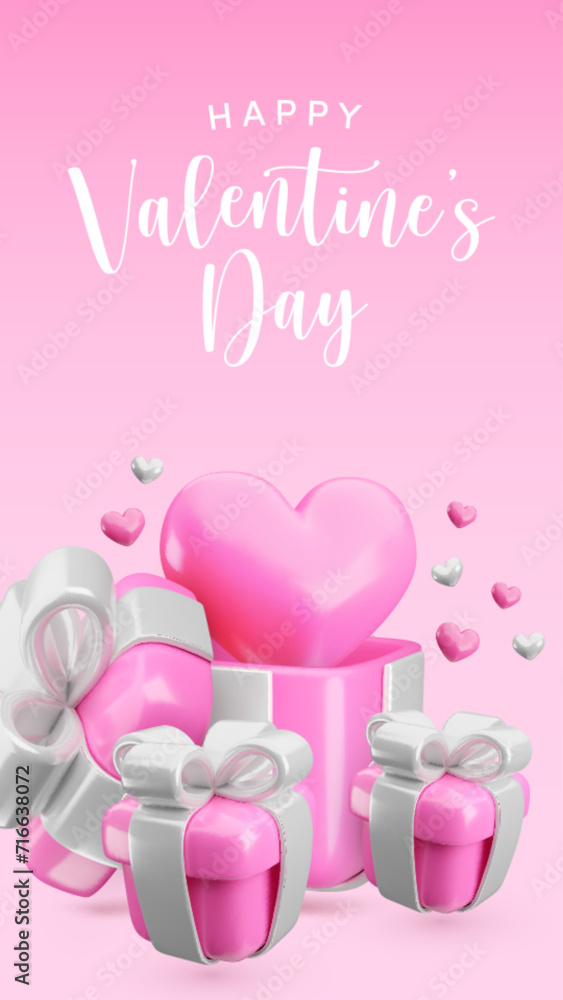 Vector 3d Happy Valentines Day vertical banner template. Cute cartoon love gift box concept. Realistic 3d render pink open present with silver ribbon and hearts pastel pink background for greeting, ad