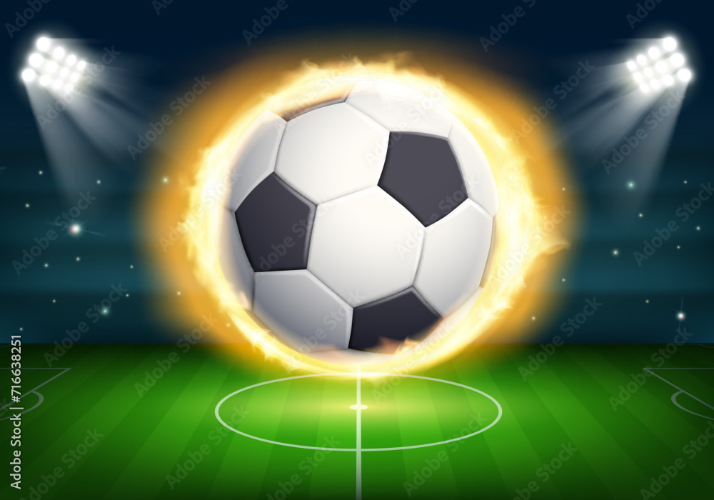 Naklejka premium Soccer ball burns with flames in the stadium. Stock vector illustration.
