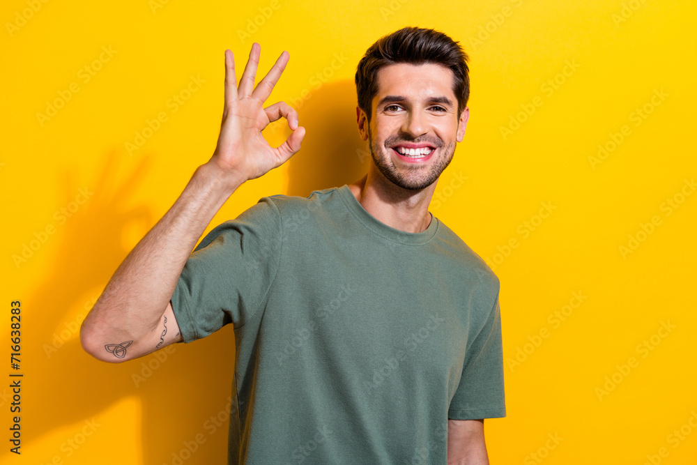 Photo of satisfied positive man with bristle dressed khaki t-shirt showing okey approve good work isolated on yellow color background Photo of satisfied positive man with bristle dressed khaki t-shirt showing okey approve good work isolated on yellow color background
