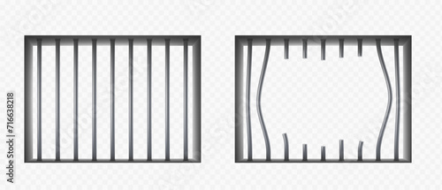 Broken metal prison cell bars. Template isolated on a transparent background. Stock vector mockups.