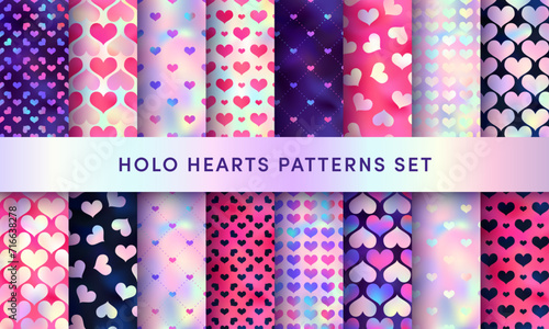 Shiny holographic hearts seamless patterns set. Vector iridescent heart print on rainbow gradient background. Pink, violet, red and black Valentines Day backdrop textures for decoration, design